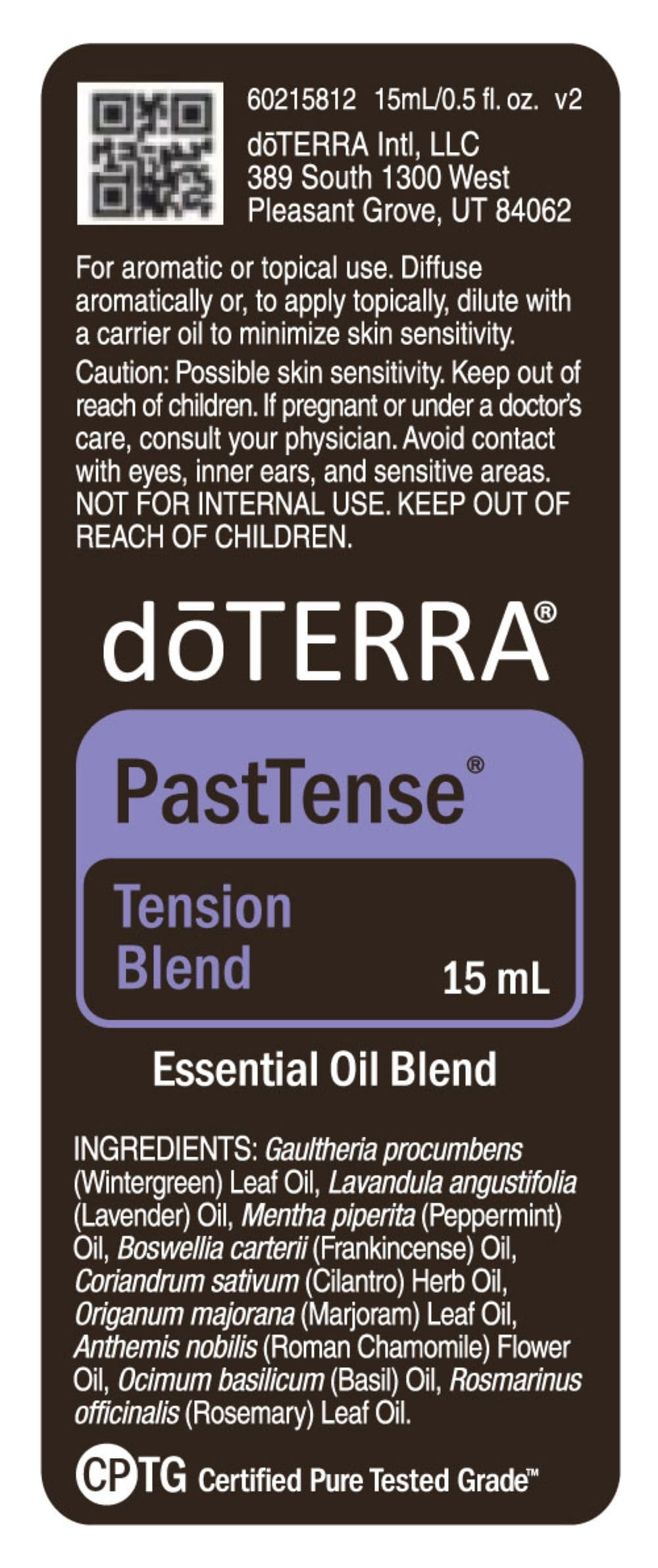 doTERRA PastTense label closeup, showing a skin-friendly, soothing formula.