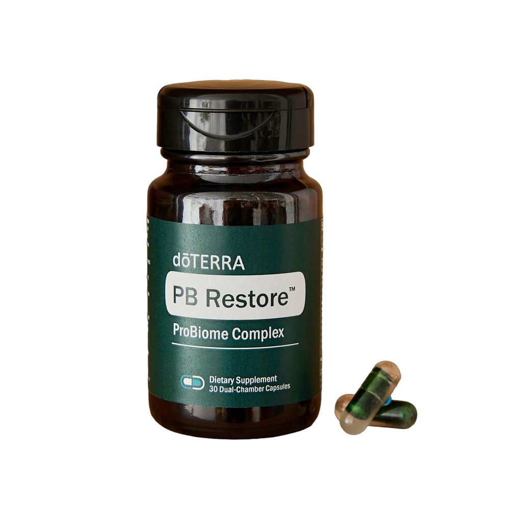 doTERRA PB Restore ProBiome Complex bottle highlighting a probiotic blend for daily gut balance.