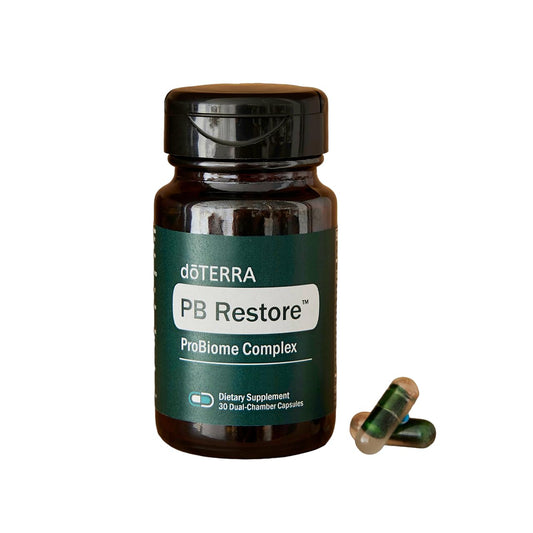 doTERRA PB Restore ProBiome Complex bottle highlighting a probiotic blend for daily gut balance.