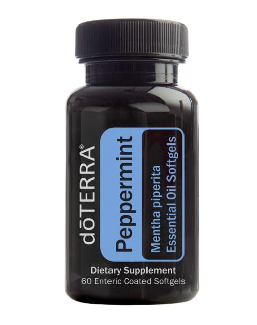 doTERRA Peppermint Softgels bottle front signaling digestive support on the go.