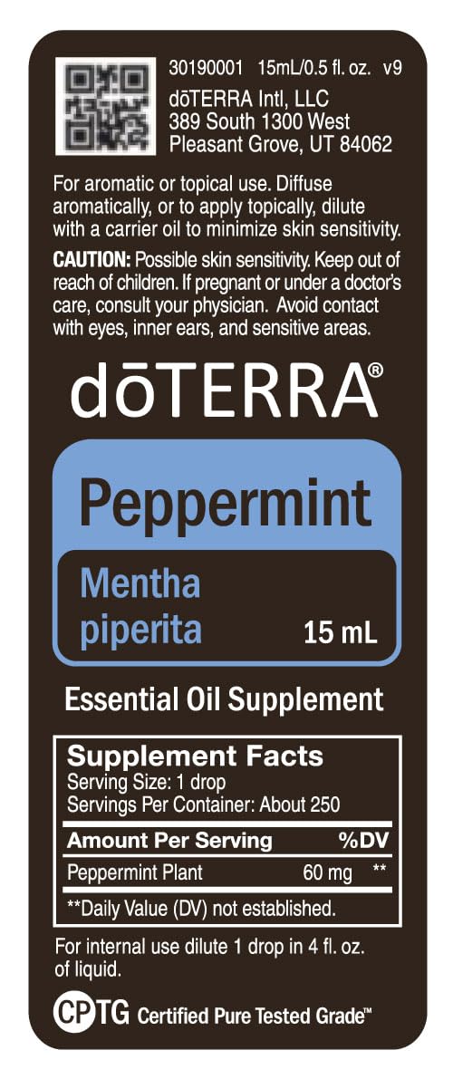 doTERRA Peppermint essential oil label closeup with dosage information.