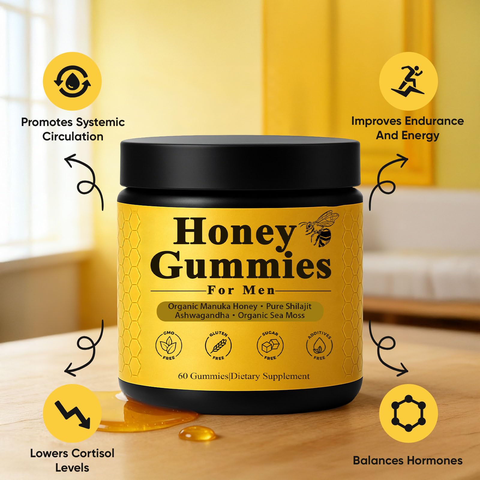 Dotkara Honey Gummies bottle closeup, highlighting Manuka honey and adaptogens for focus.