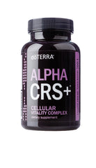 doTERRA Alpha CRS+ bottle pouring shows antioxidant support for cellular vitality.