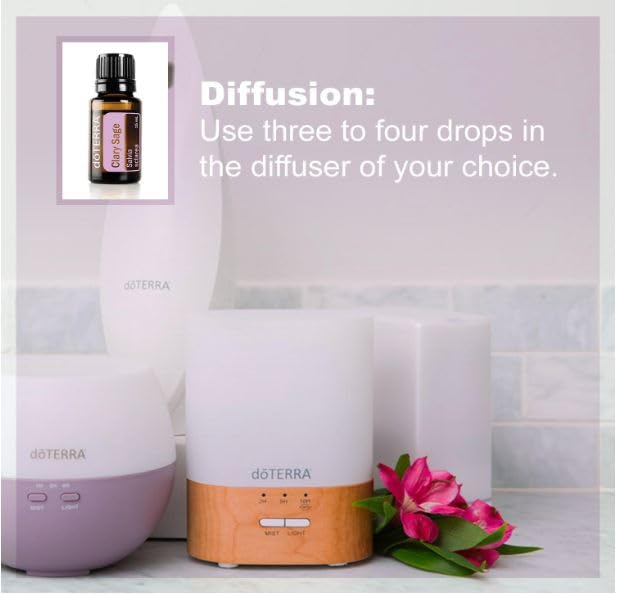 doTERRA Clary Sage hair care with shampoo bottle nearby.