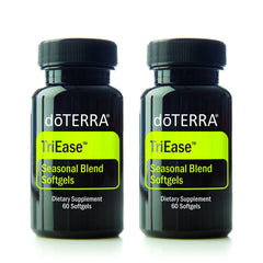 doTERRA TriEase softgels bottle pour highlighting lemon, lavender, peppermint blend for breathing support.