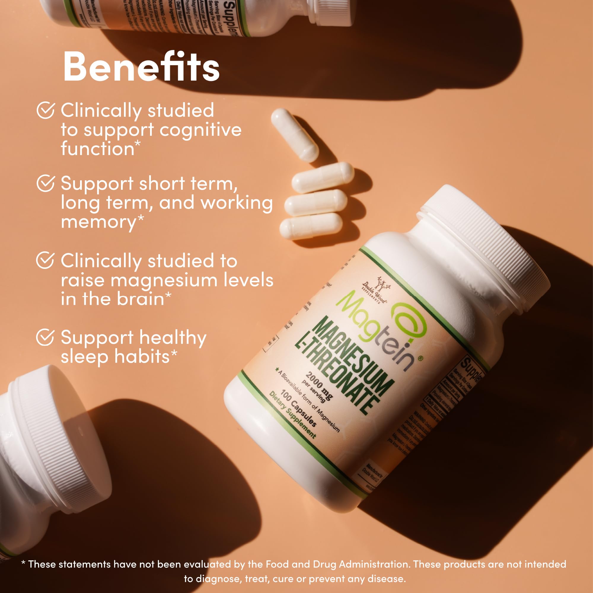 Double Wood Magtein bottle with label promoting cognitive health.