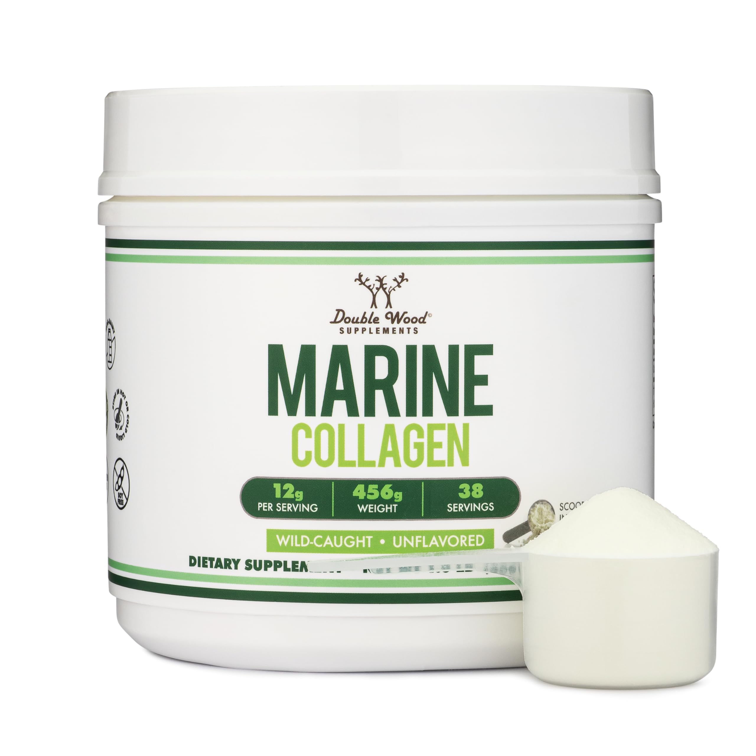 Double Wood Marine Collagen Powder bottle shows quick-dissolve formula for smoothies