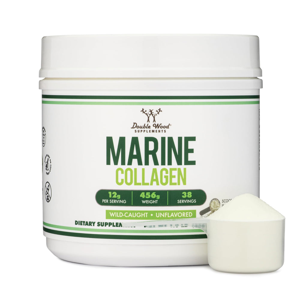 Double Wood Marine Collagen Powder bottle shows quick-dissolve formula for smoothies