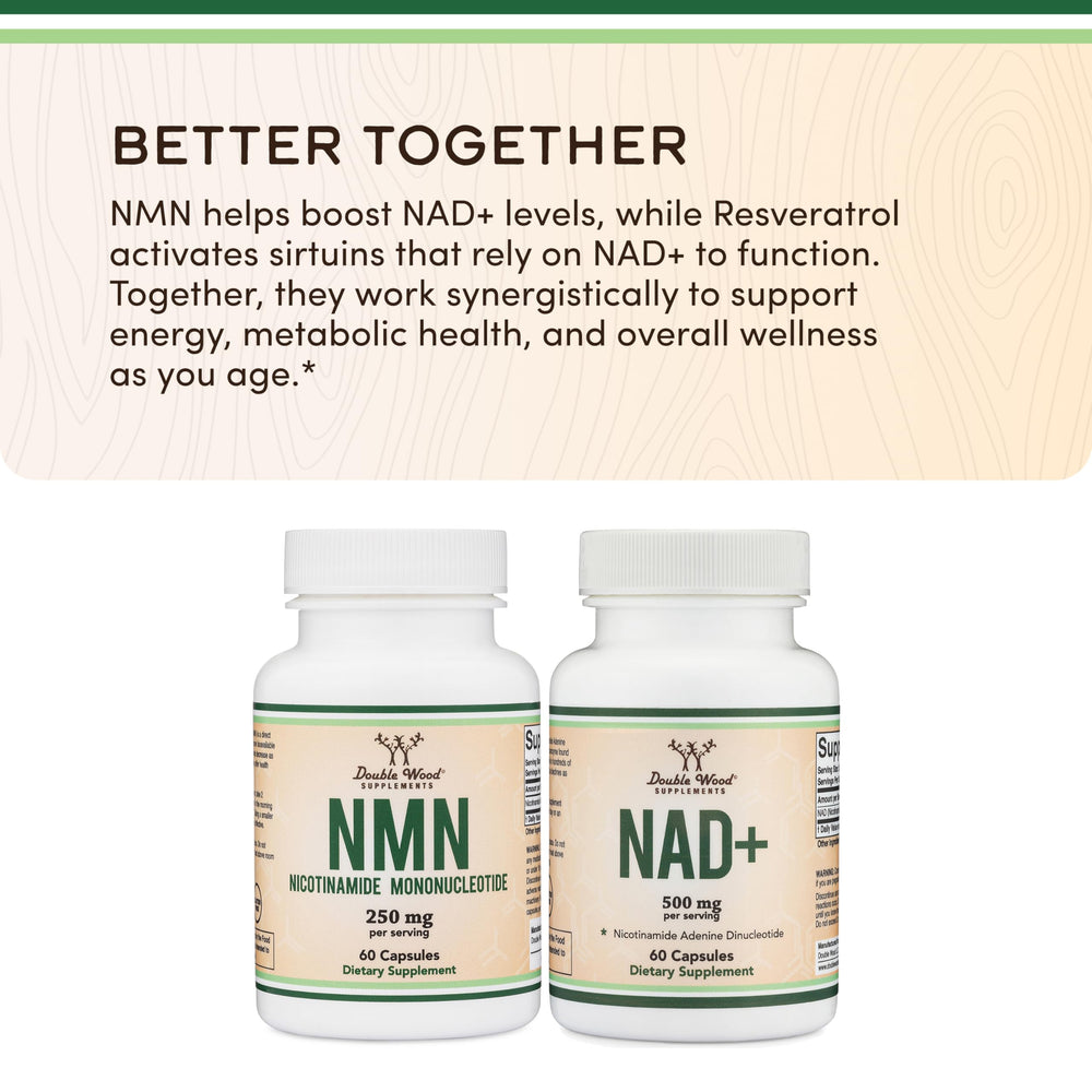 Double Wood NMN packaging box showcasing global sourcing and quality.