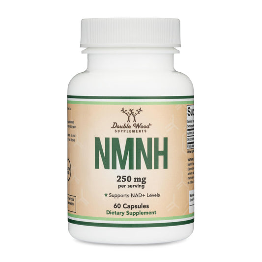 Double Wood NMNH bottle label highlighting premium NAD+ support options.