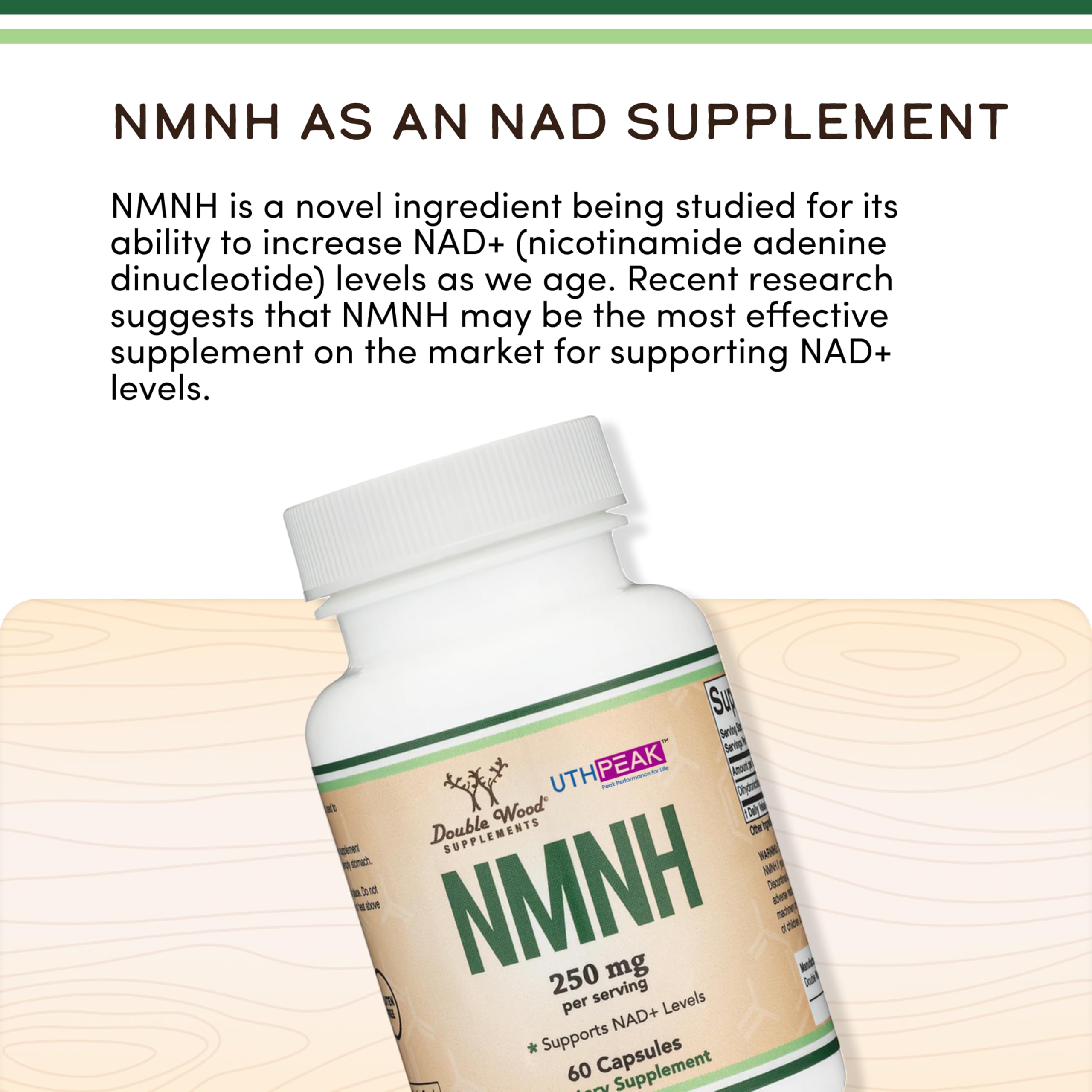 Double Wood NMNH bottle in packaging emphasizes USA-made quality and safety.