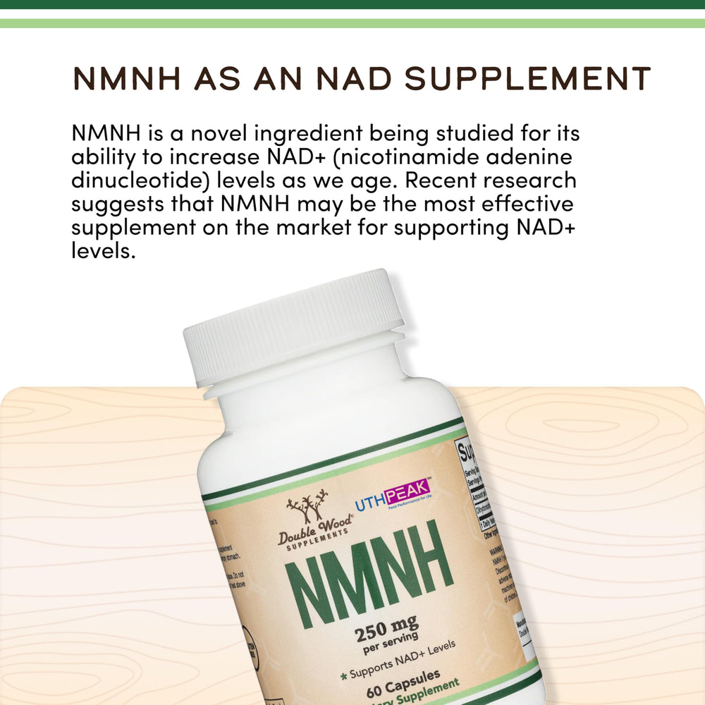 Double Wood NMNH bottle in packaging emphasizes USA-made quality and safety.