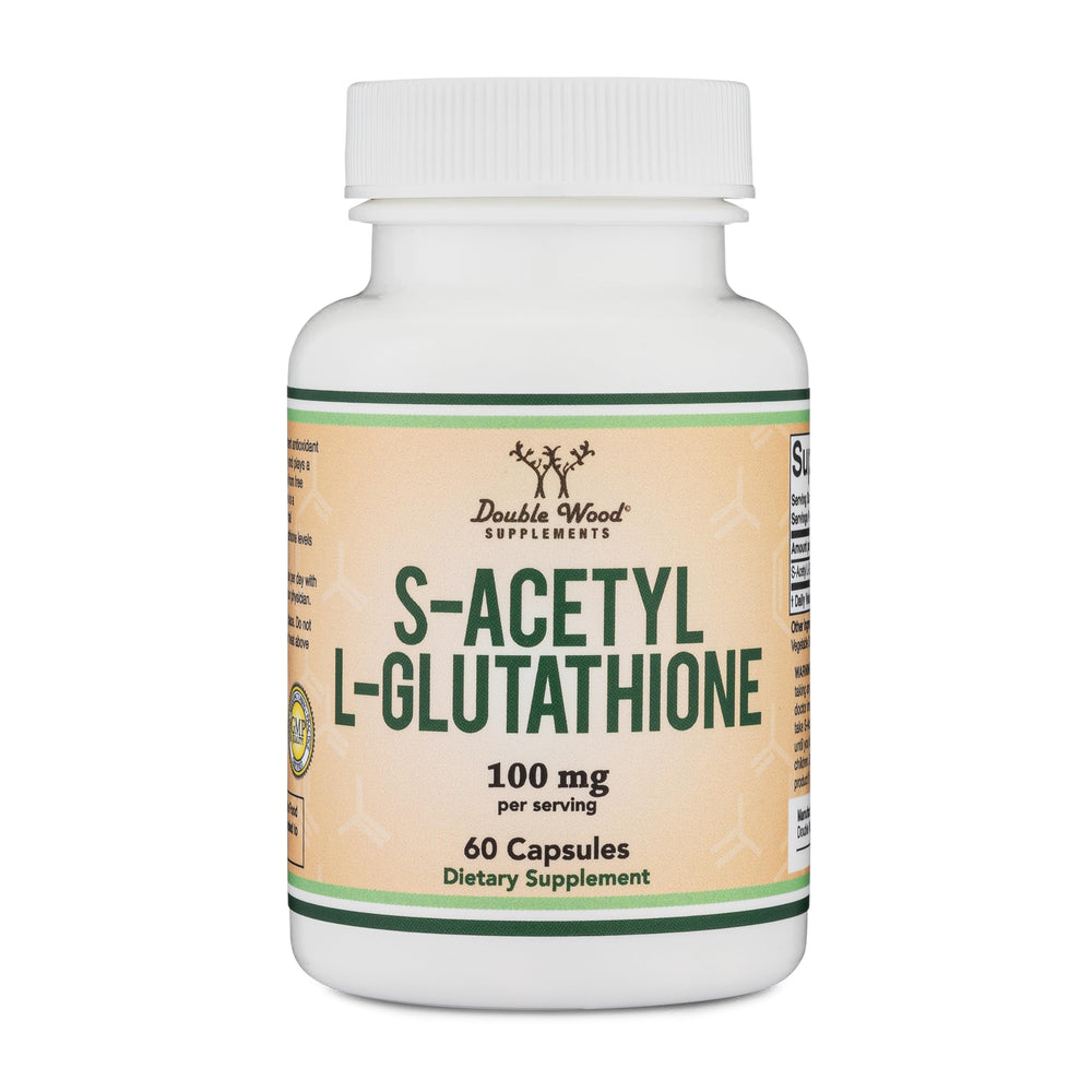 Double Wood S-Acetyl L-Glutathione bottle highlighting potentially better absorption