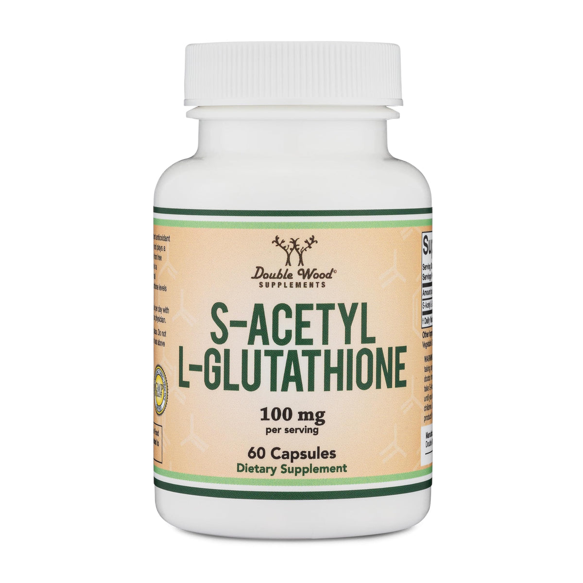 Double Wood S-Acetyl L-Glutathione bottle highlighting potentially better absorption