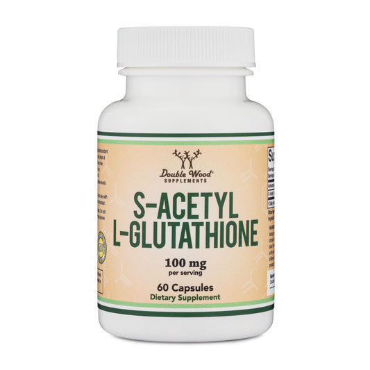 Double Wood S-Acetyl L-Glutathione bottle highlighting potentially better absorption