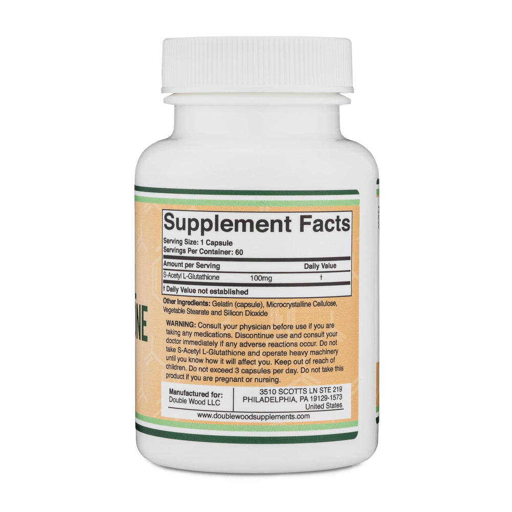 Double Wood S-Acetyl L-Glutathione label showing non-GMO gluten-free claim