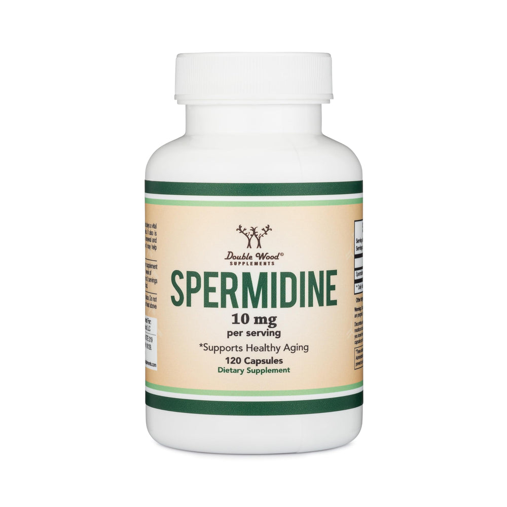 Double Wood Spermidine Supplement bottle with glass promotes easy daily intake.