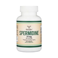 Double Wood Spermidine Supplement bottle with glass promotes easy daily intake.