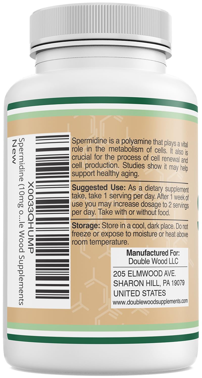 Double Wood Spermidine Supplement label-facts panel highlights potency and ingredients.