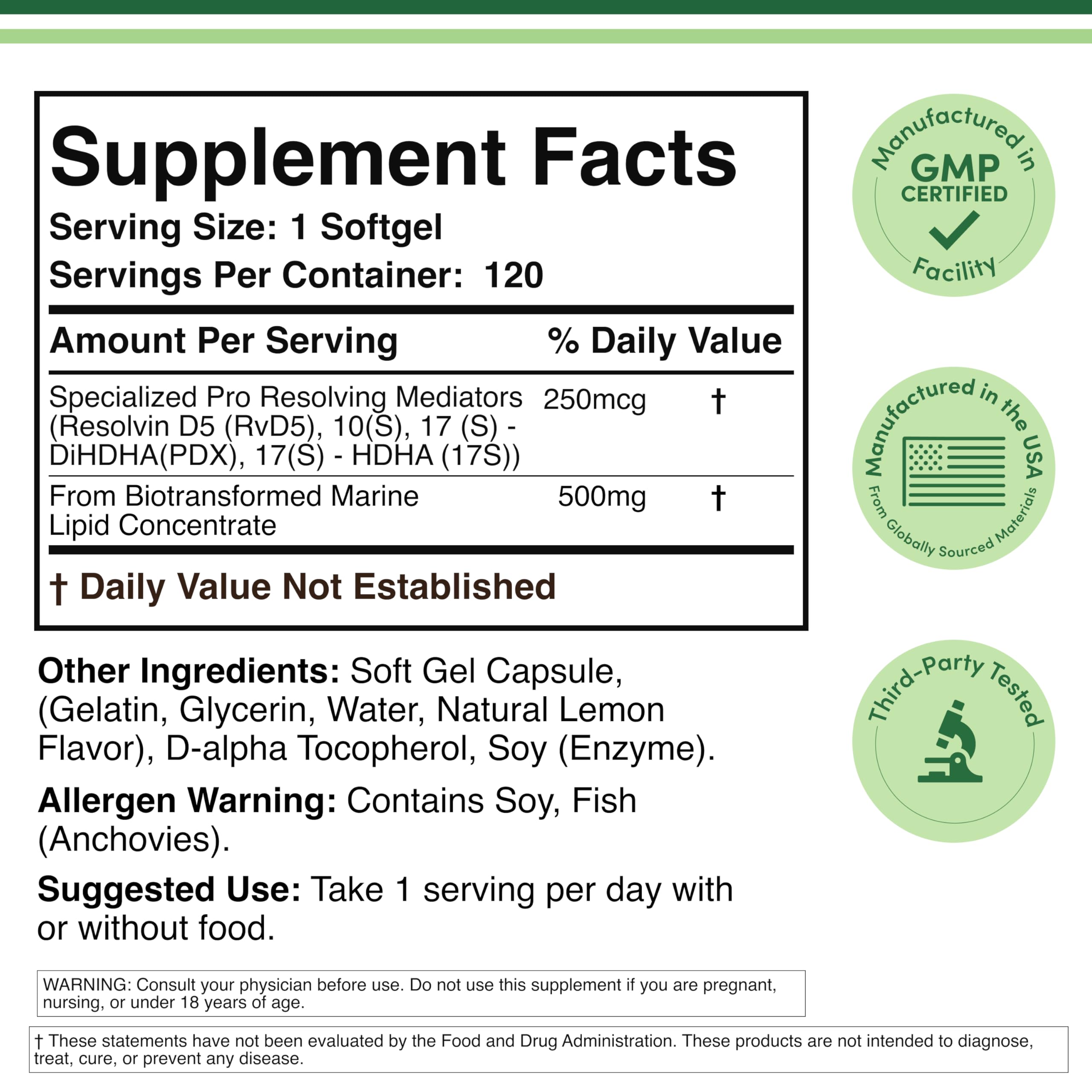 Double Wood SPM Max label shows 250 mcg active SPM per softgel.