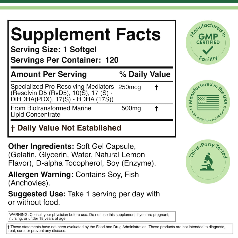 Double Wood SPM Max label shows 250 mcg active SPM per softgel.
