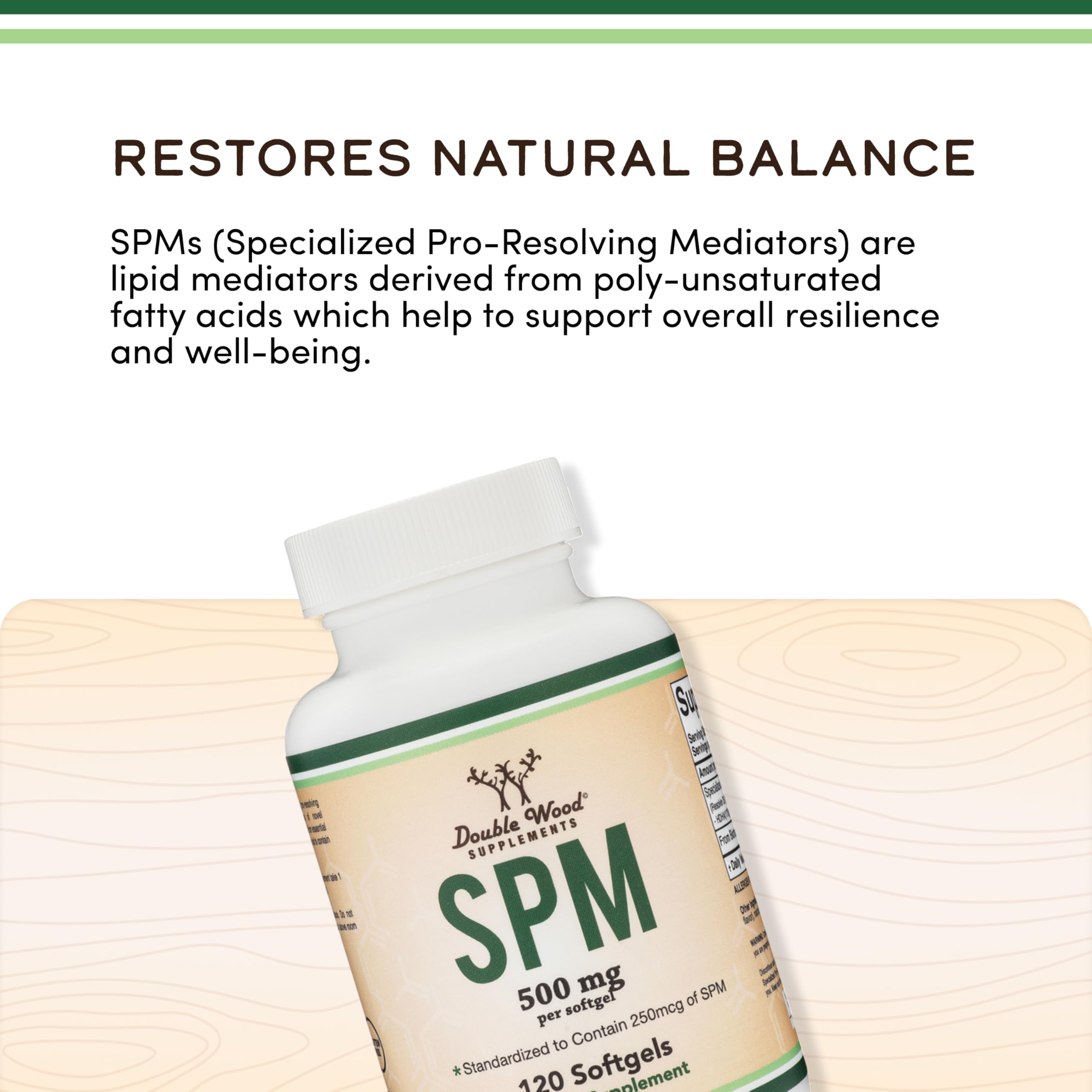 Double Wood SPM Max supplement facts panel highlights standardized SPM content.