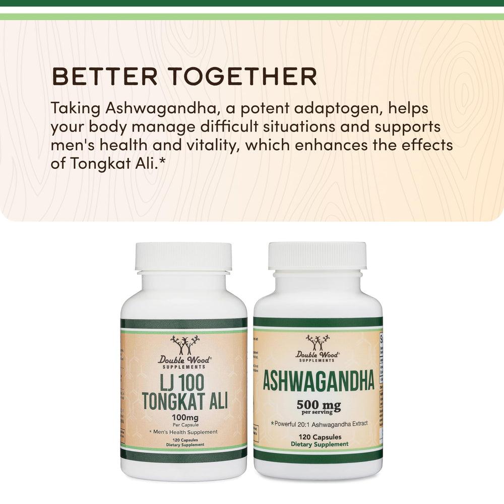 Double Wood LJ100 Tongkat Ali label details highlight 40% glycosaponins and 22% eurypeptides.
