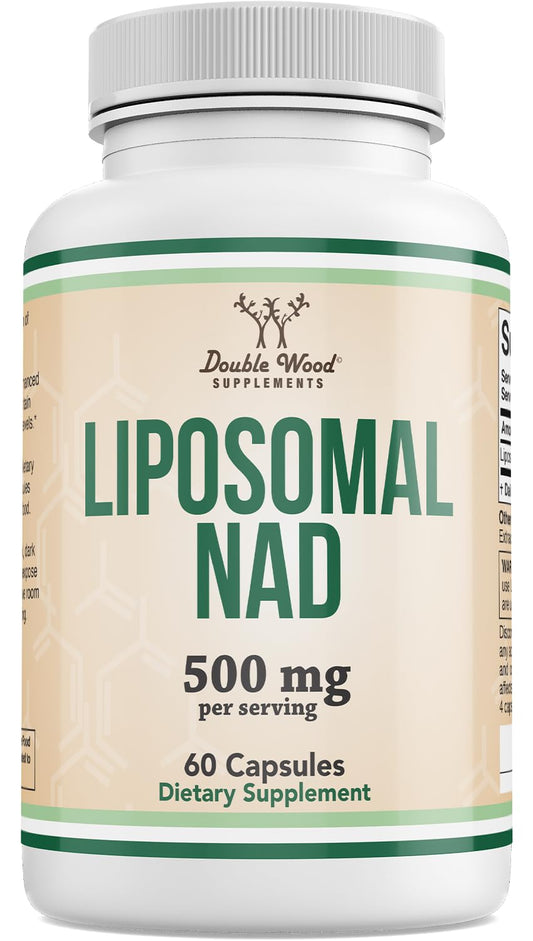 Double Wood Liposomal NAD+ bottle close-up highlighting easy daily energy support.