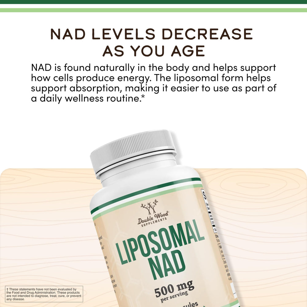 Double Wood Liposomal NAD+ capsules ready for daily use.