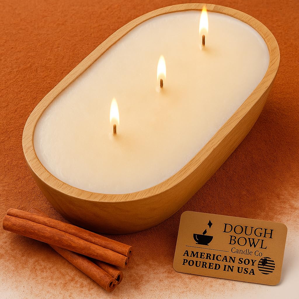 Dough Bowl Candle Co. warm cinnamon buns 3-wick in a mango wood bowl for cozy scent