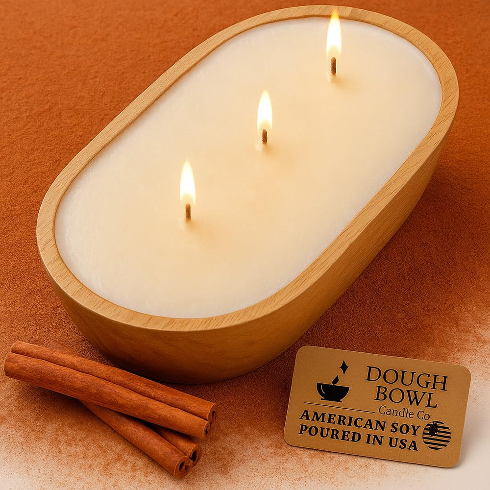 Dough Bowl Candle Co. warm cinnamon buns 3-wick in a mango wood bowl for cozy scent