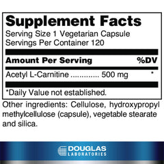 Douglas Laboratories Acetyl L-Carnitine 500 mg bottle back with supplement facts for informed use.