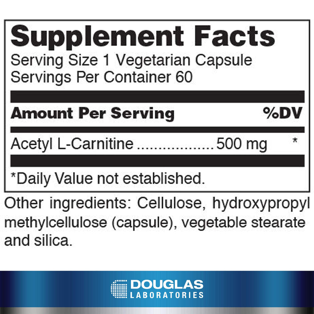 Douglas Laboratories Acetyl L-Carnitine 500 mg bottle side label highlights GMO-free and quality