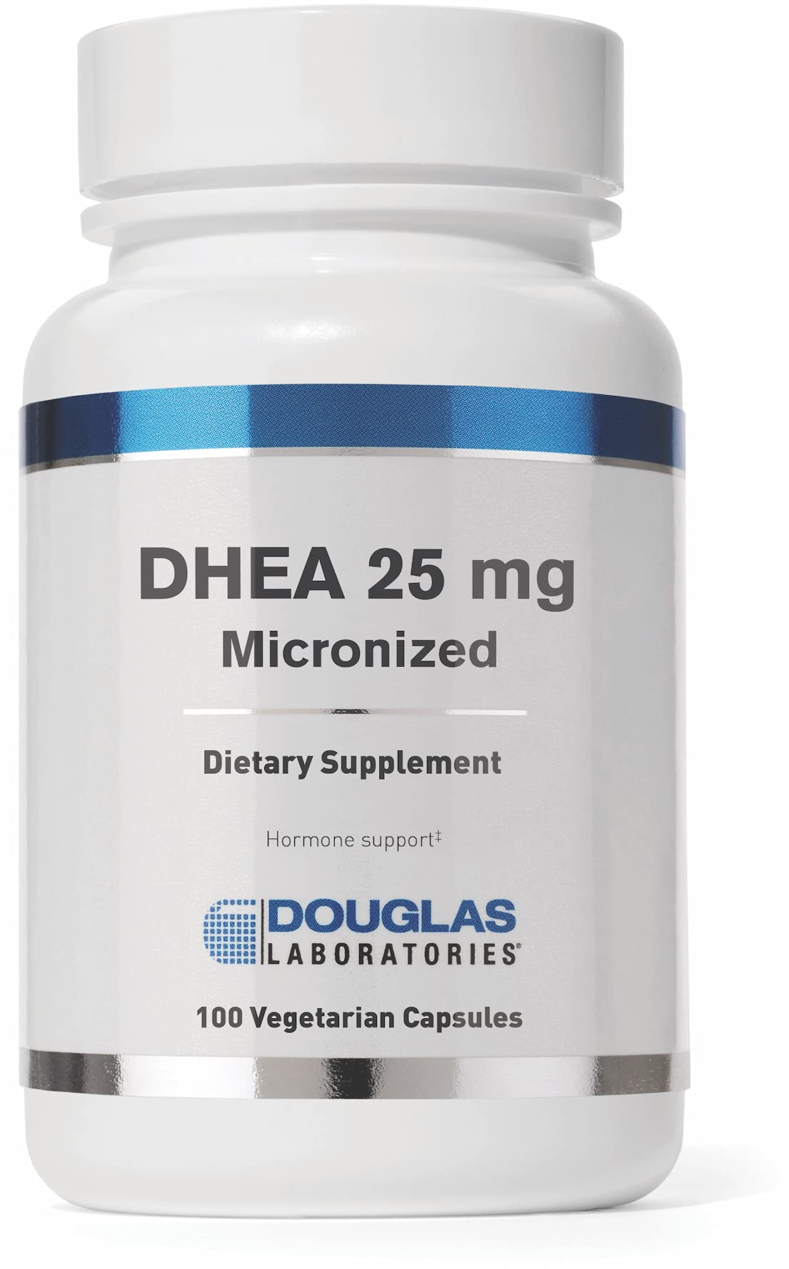 Douglas Laboratories DHEA 25 mg capsules bottle on wood supports balance and vitality.