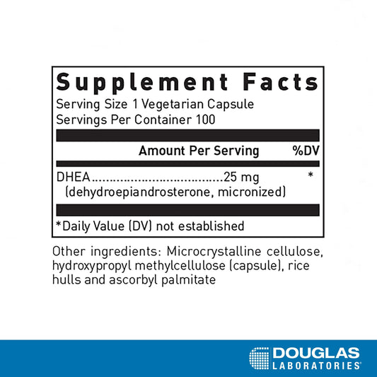 Douglas Laboratories DHEA 25 mg capsules closeup pills; micronized formula for faster absorption.