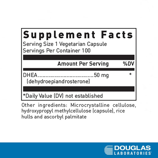 Douglas Laboratories DHEA 50 mg capsules closeup highlights micronized texture for absorption