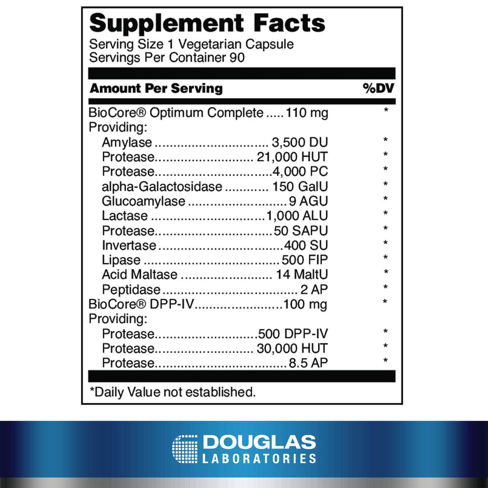 GI Digest capsules reveal vegetarian enzyme blend for carbohydrate and protein digestion.