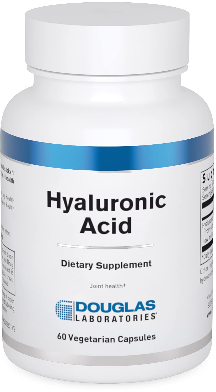 Douglas Laboratories Hyaluronic Acid bottle label highlighting joint and skin support