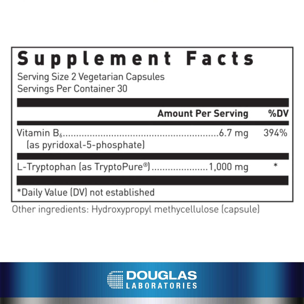 Douglas Laboratories L-Tryptophan bottle showing vegetarian supplement for nightly use.