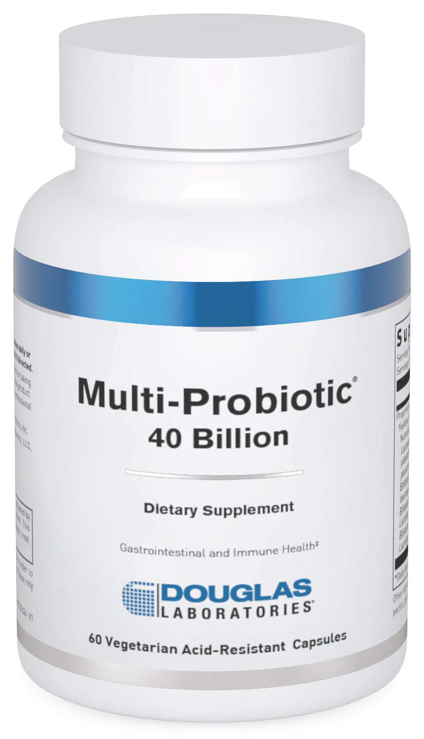 Douglas Laboratories Multi-Probiotic 40 Billion bottle close-up showing vegetarian capsules for gut microflora support.