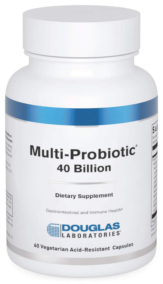 Douglas Laboratories Multi-Probiotic 40 Billion bottle close-up showing vegetarian capsules for gut microflora support.