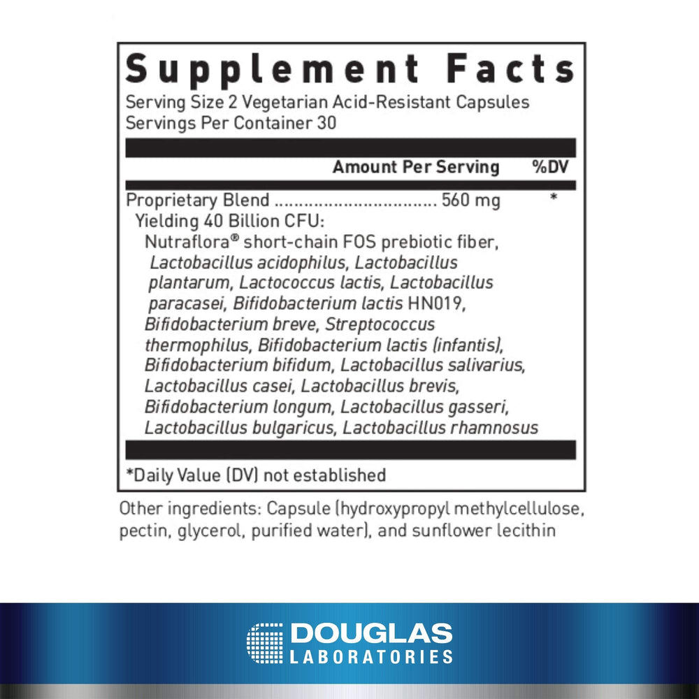 Douglas Laboratories Multi-Probiotic 40 Billion capsules viewed, highlighting acid-resistant design for resilient gut delivery.
