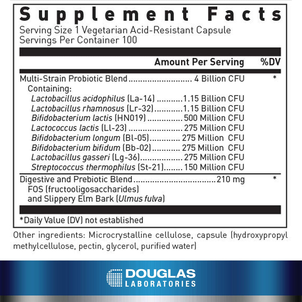 Douglas Laboratories Multi-Probiotic 4 Billion capsules close-up shows acid-resistant shells for targeted intestinal release.