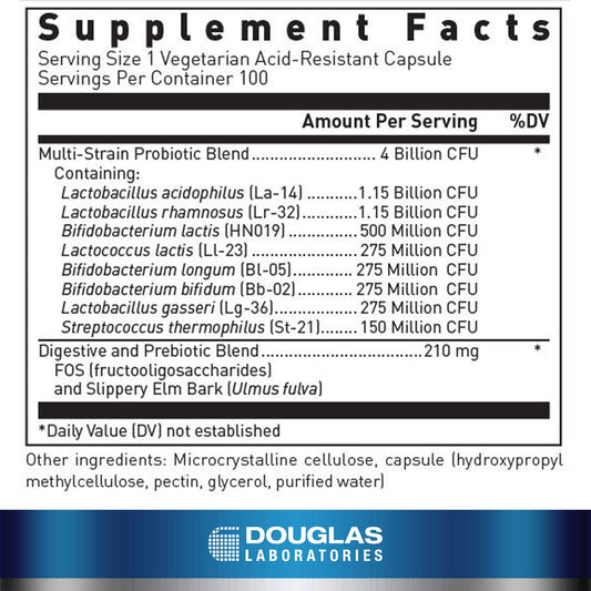 Douglas Laboratories Multi-Probiotic 4 Billion capsules close-up shows acid-resistant shells for targeted intestinal release.