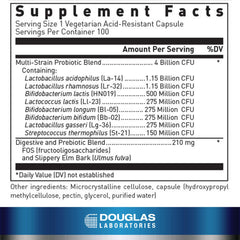 Douglas Laboratories Multi-Probiotic 4 Billion capsules close-up shows acid-resistant shells for targeted intestinal release.