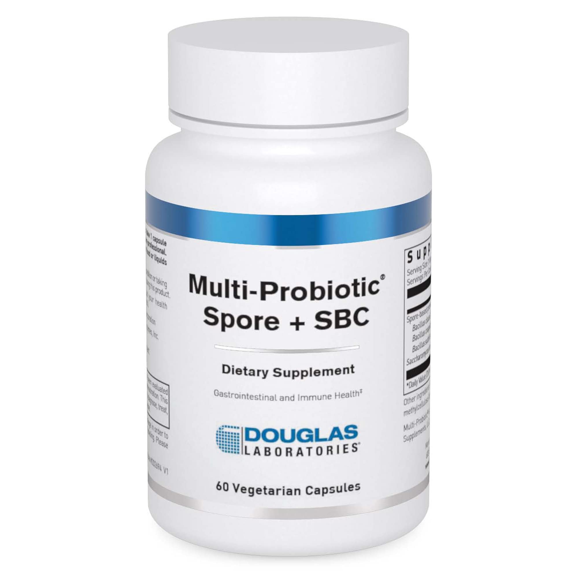 Douglas Laboratories Multi-Probiotic Spore SBC bottle front shows easy-to-swallow capsules for gut support.