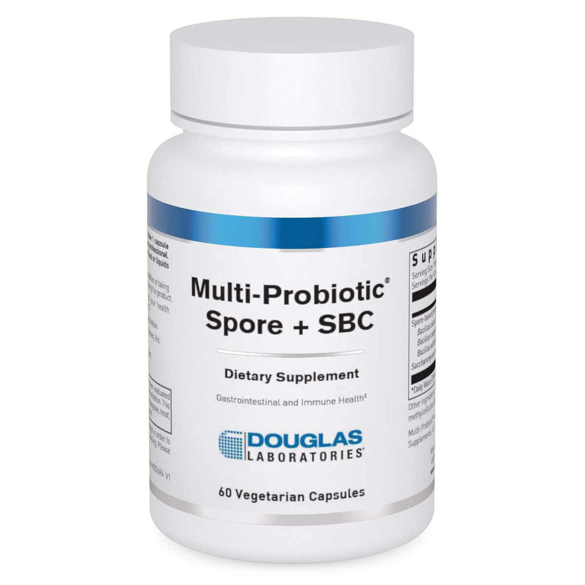 Douglas Laboratories Multi-Probiotic Spore SBC bottle front shows easy-to-swallow capsules for gut support.
