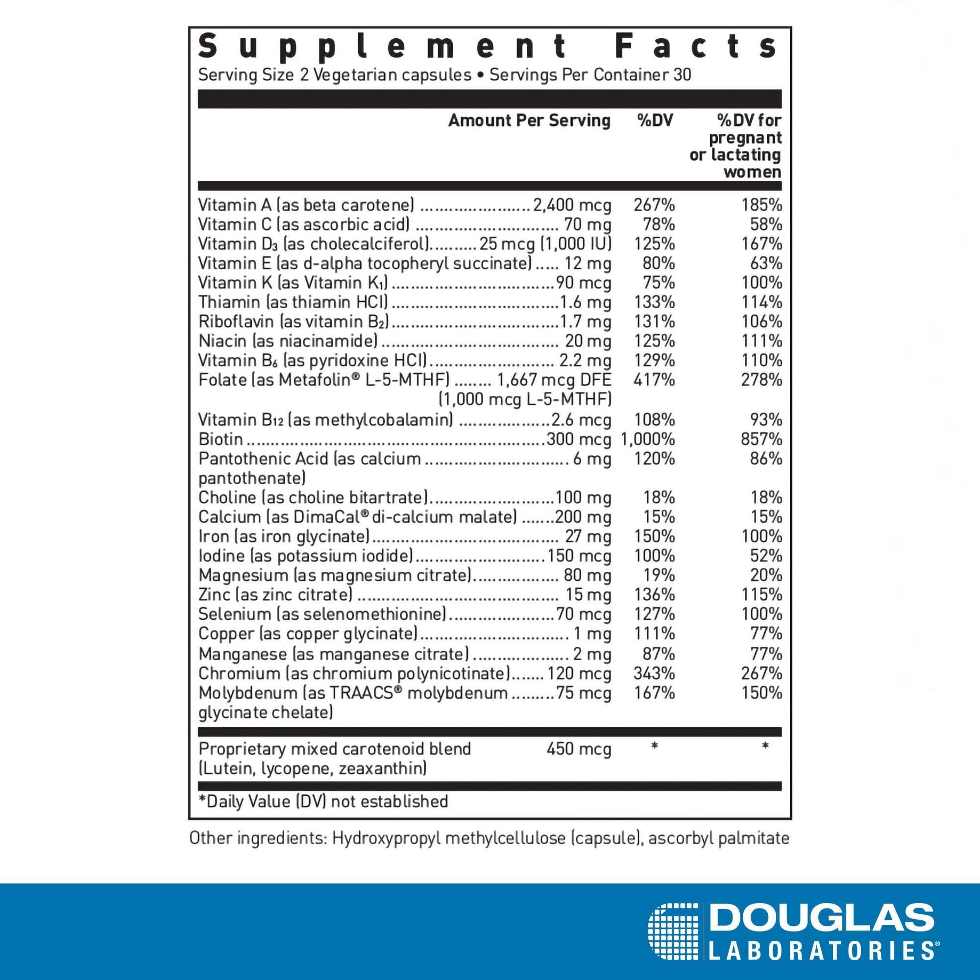 Douglas Laboratories Prenatal methylfolate bottle highlights bioavailable folate and essential nutrients