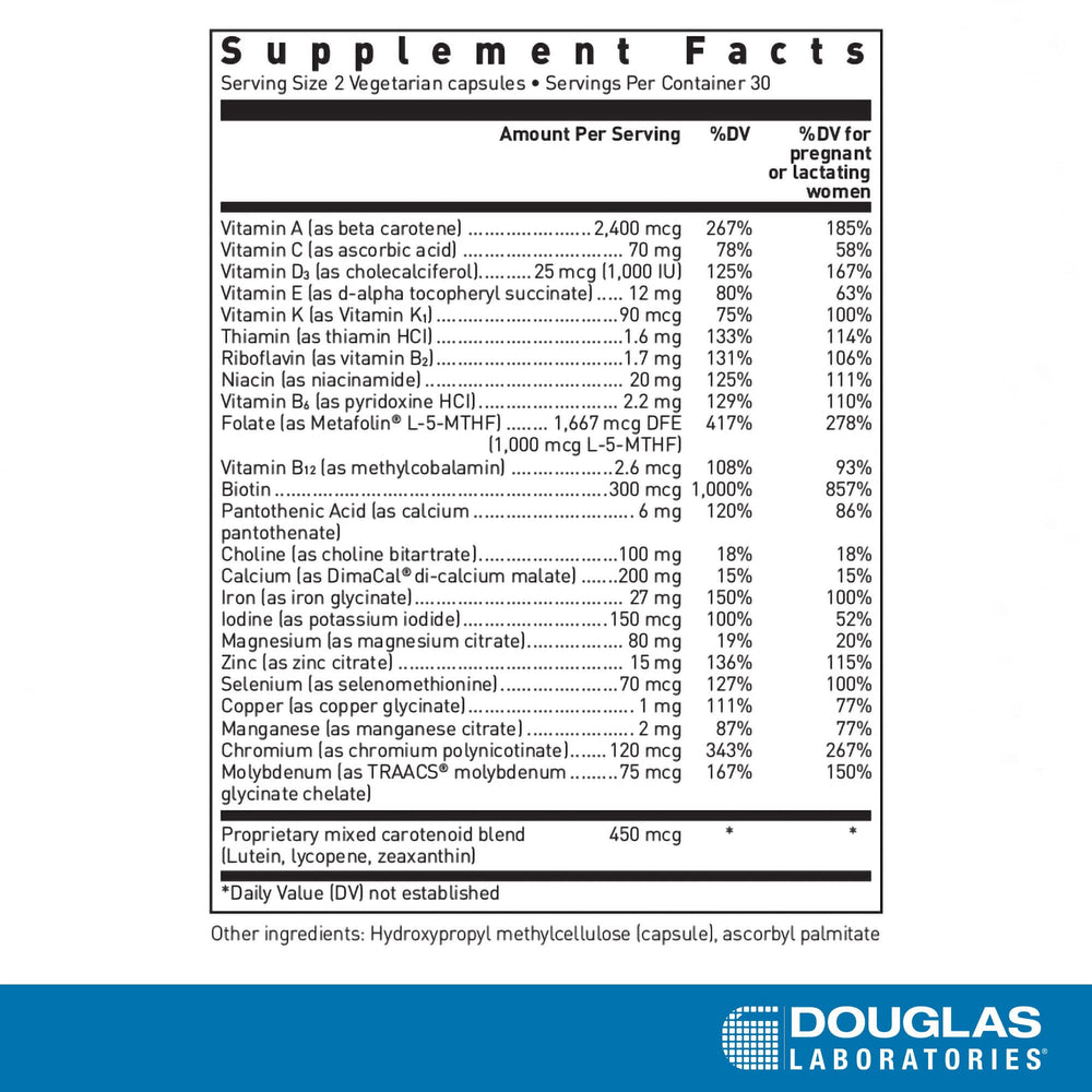 Douglas Laboratories Prenatal methylfolate bottle highlights bioavailable folate and essential nutrients