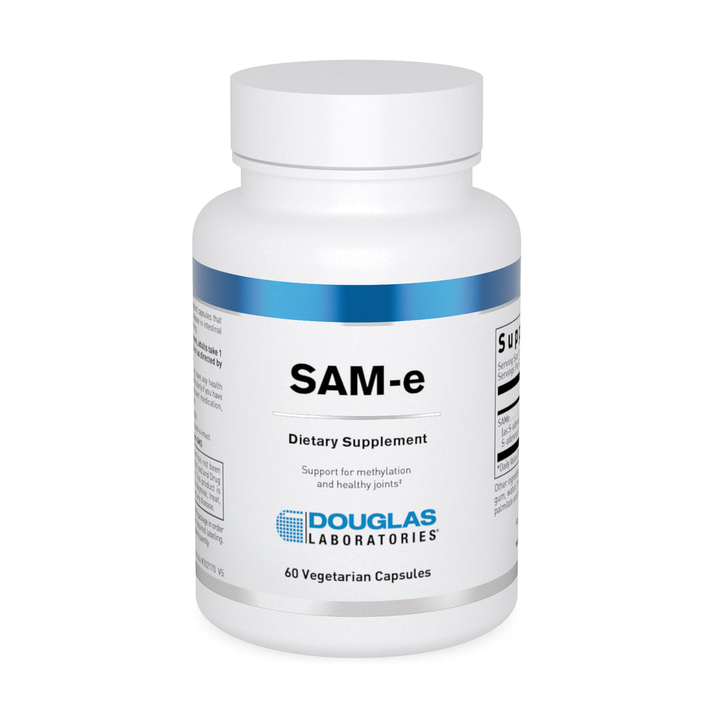 Douglas Laboratories SAM-e bottle label highlights quality and ingredient profile for joint support.